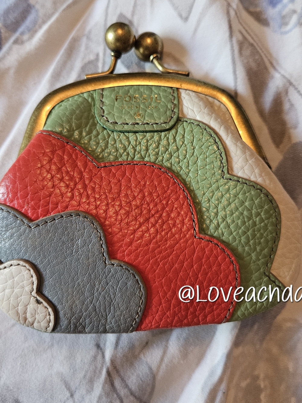 Fossil✨️Red Green Gray Cream Leather Kiss-Lock Coin Purse